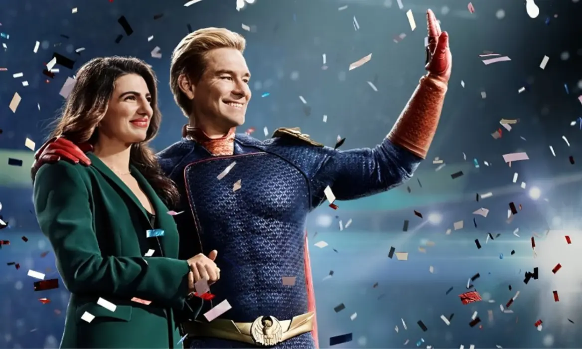 Screen-grab of Homelander and Victoria Neuman waving to the crowd in The Boys Season 4