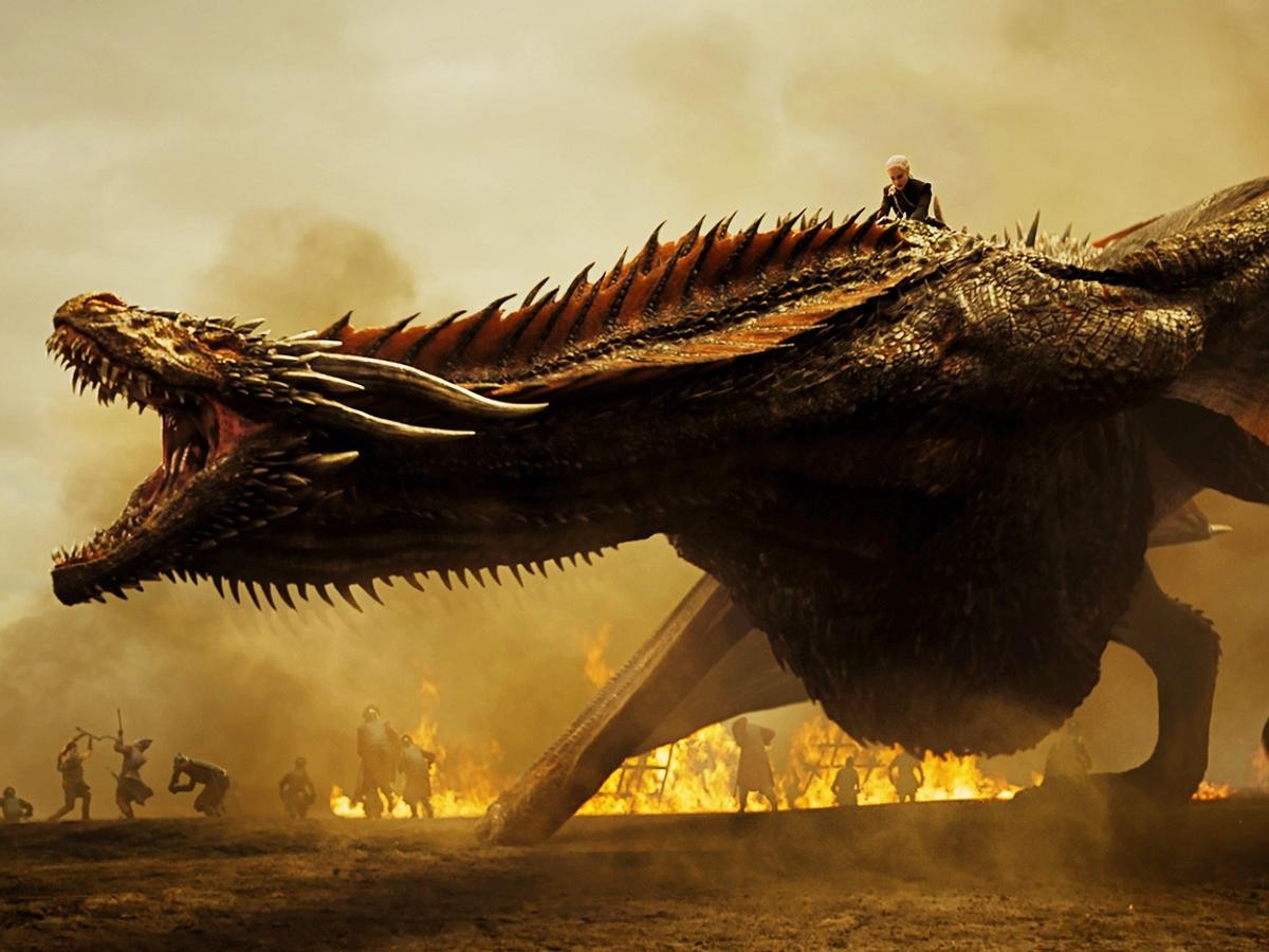 Daenerys Targaryen atop one of her dragons in action in Game of Thrones