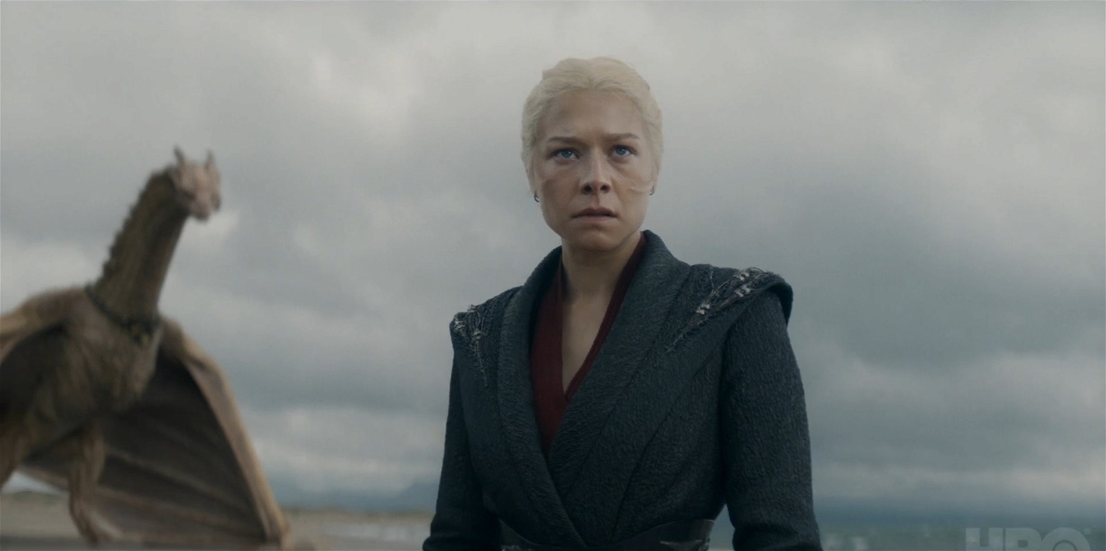 A pensive Emma D'Arcy as Queen Rhaenyra in a still from House of the Dragon Season 2 trailer