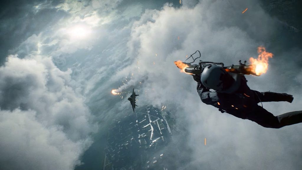 A scene from Battlefield 2042's reveal trailer shows a pilot ejecting from their aircraft to launch a rocket at an enemy aircraft.