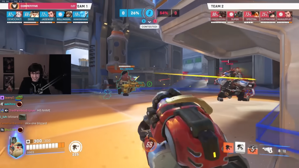 Screenshot of Overwatch 2 streamer supertf showing his chat the perspective of the cheater he encountered during one of his streams.