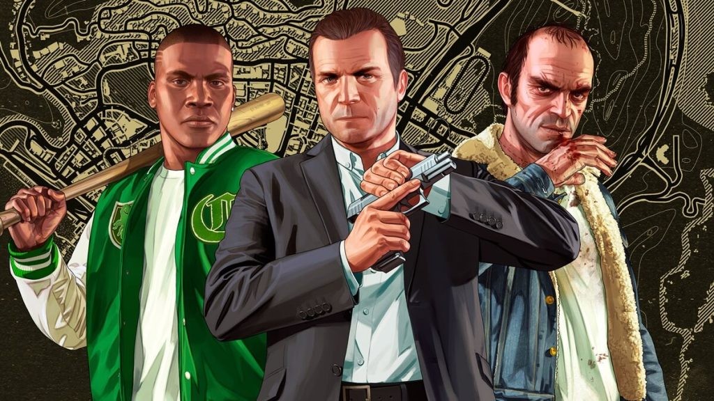 Image featuring the trio of protagonists from GTA 5, Michael, Franklin, and Trevor.