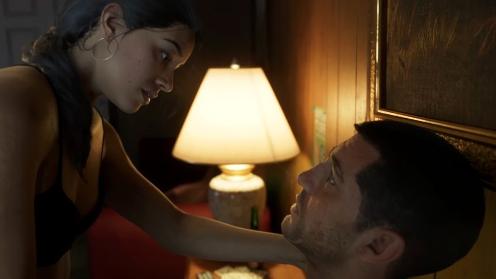 A scene from the GTA 6 trailer featuring Jason and Lucia talking to each other about trust.