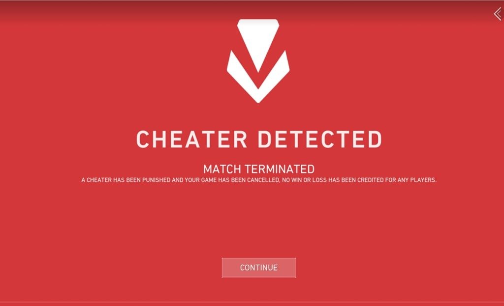Valorant screenshot post match-termination due to the anti-cheat's detection of a cheater in an ongoing game.