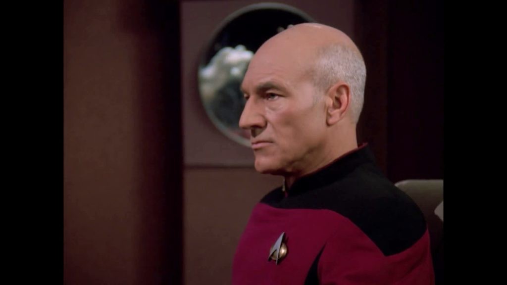Actor Sir Patrick Stewart as Captain Jean-Luc Picard in Star Trek: The Next Generation