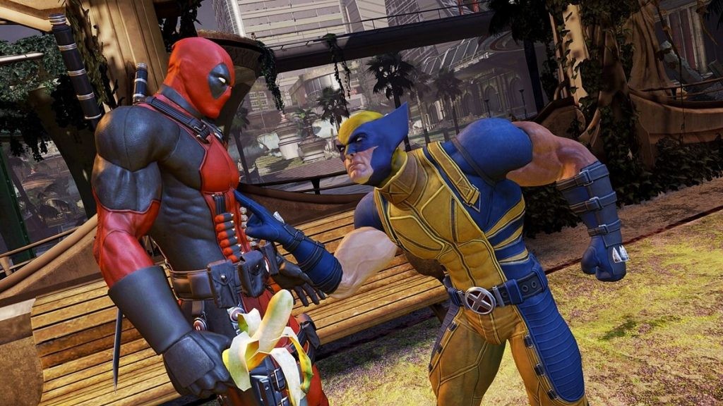 A screenshot from the Deadpool game featuring Deadpool and Wolverine in the same shot.