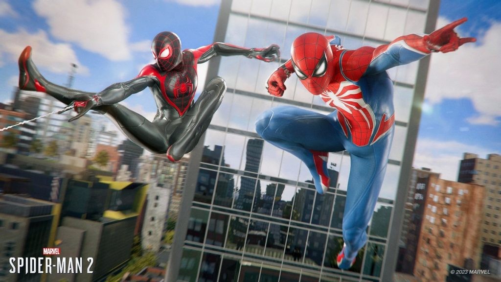 A screenshot featuring Miles Morales and Peter Parker spider-men from Marvel's Spider-Man 2 by Insomniac Games.