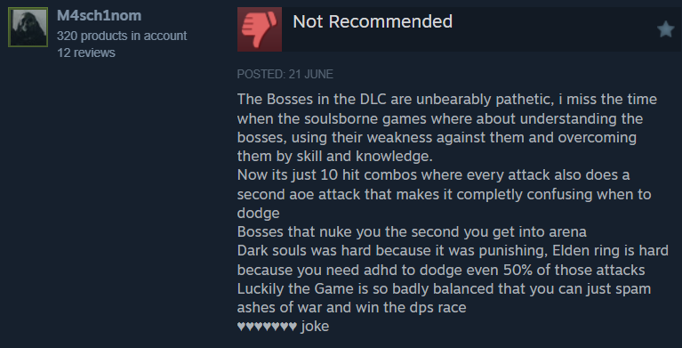 Many players have also criticised the bosses in Shadow of the Erdtree DLC (via Steam)