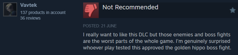 This review for Elden Ring: Shadow of the Erdtree criticised the boss fights (via Steam)