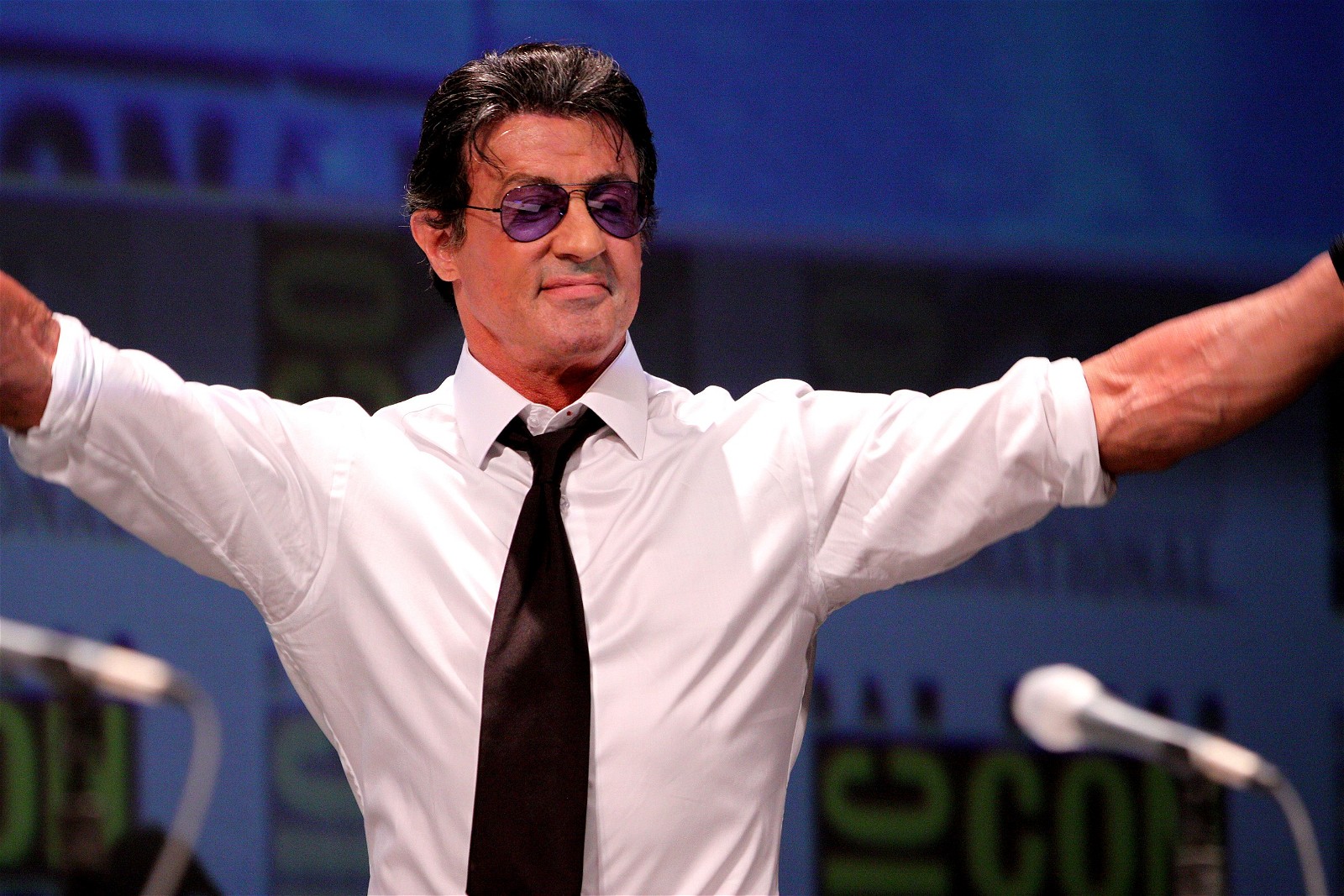 Sylvester Stallone with outstretched arms on the Expendables panel at the 2010 San Diego Comic Con