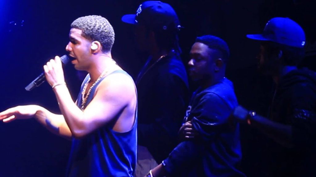 Drake and Kendrick Lamar on stage at the Club Paradise concert in San Diego