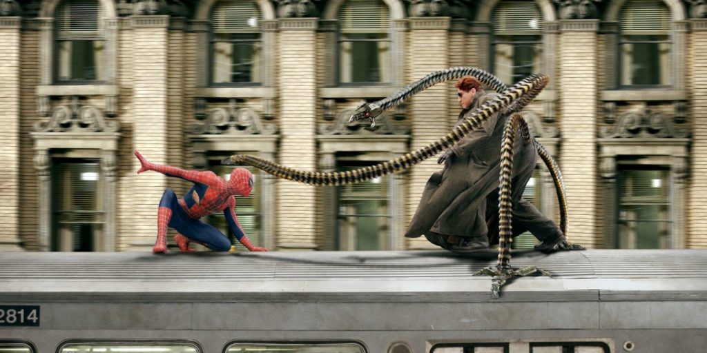 Spider-Man 2 stars Tobey Maguire and Alfred Molina [Credit: Sony Pictures/Columbia Pictures]