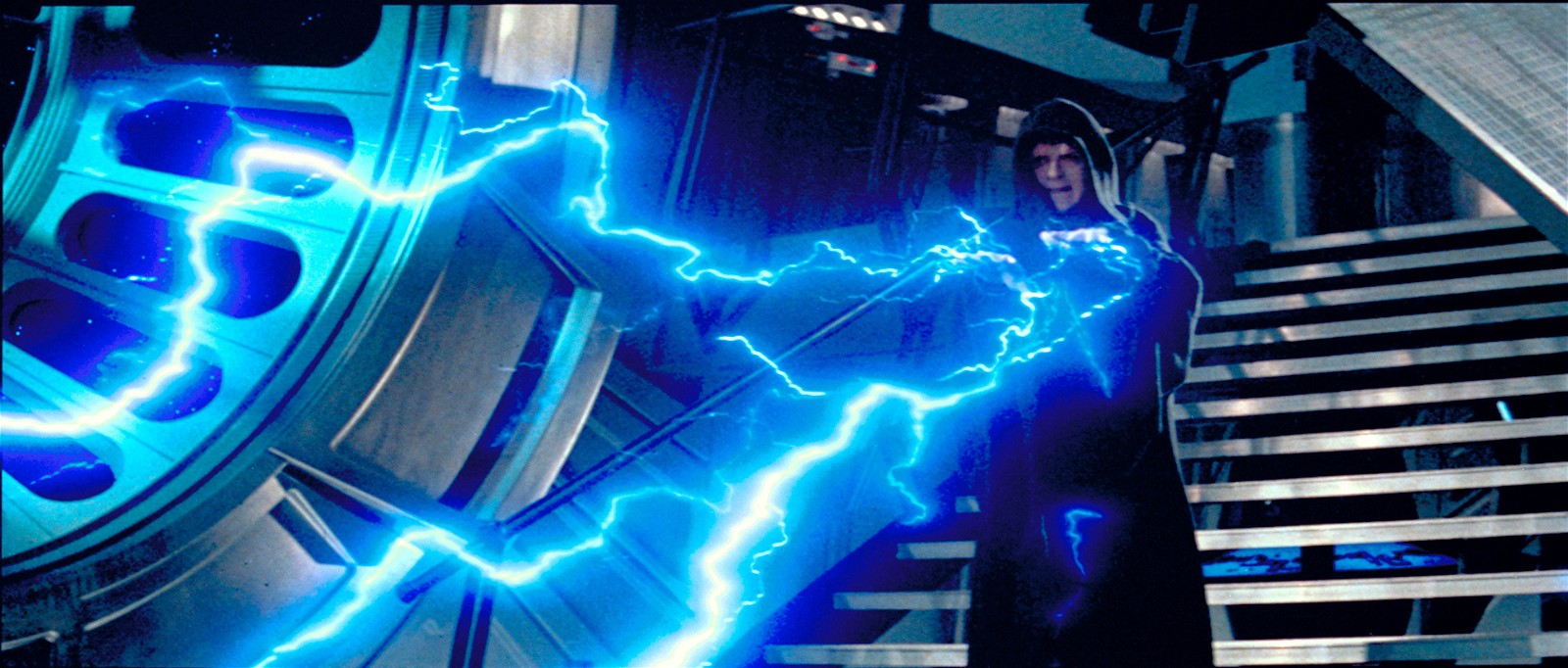 The Emperor (Palpatine) takes aim and uses Force lightning, which eminates from his fingertips, in order to strike down Luke Skywalker.