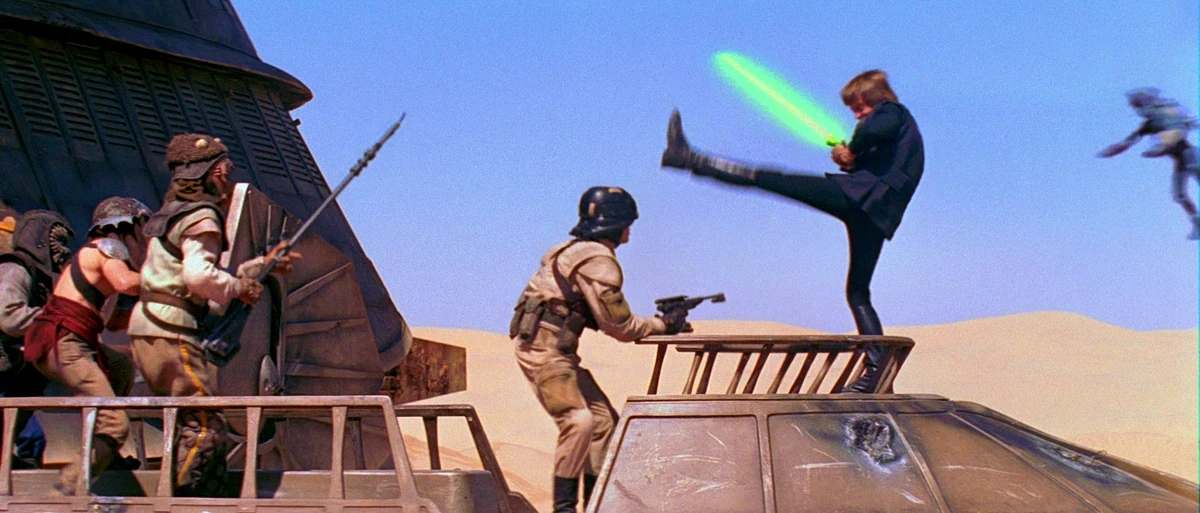 Luke Skywalker using the force kick in Return of the Jedi