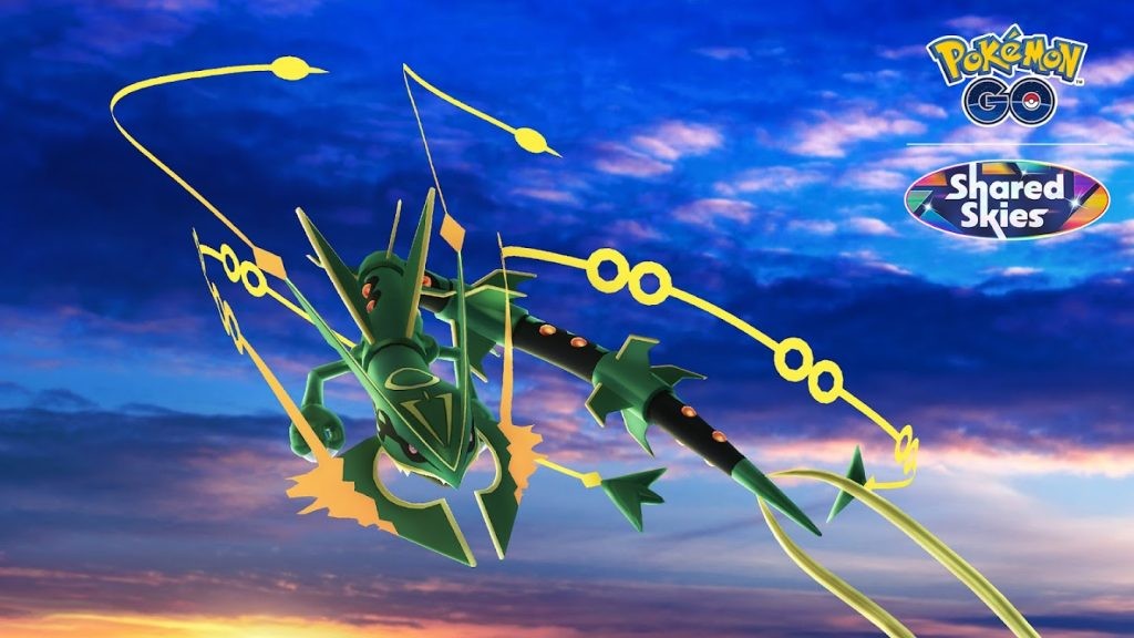 Mega Rayquaza flying in the sky.