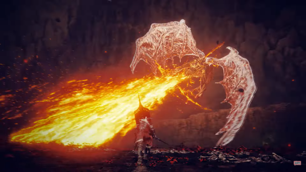 An Elden Ring player facing off against a fire breathing dragon.