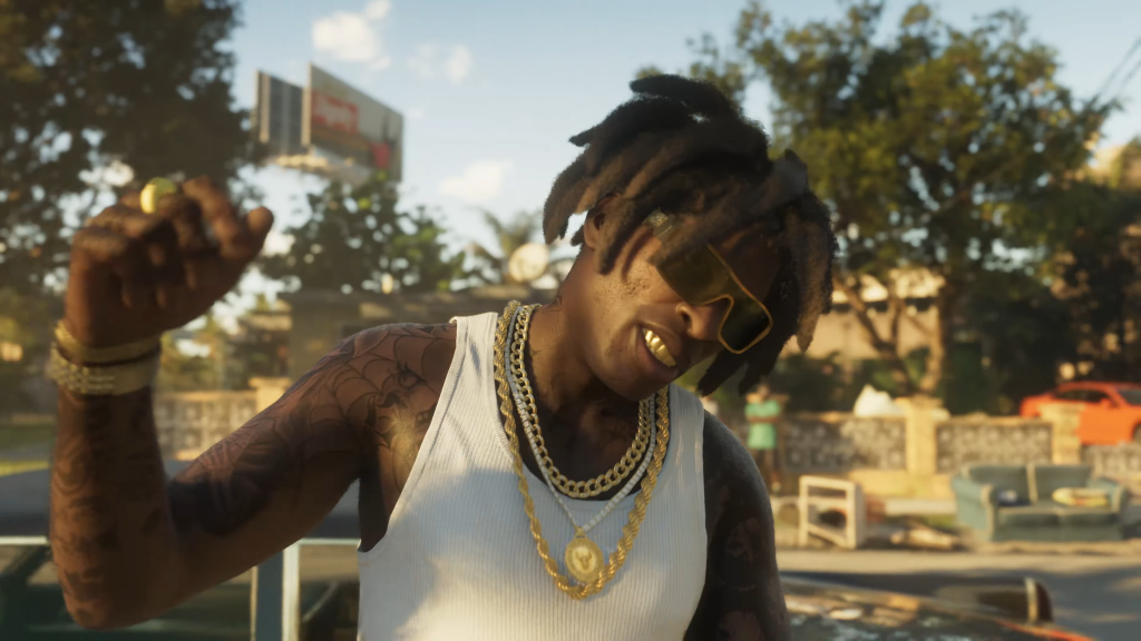 GTA 6 trailer character greeting another character.