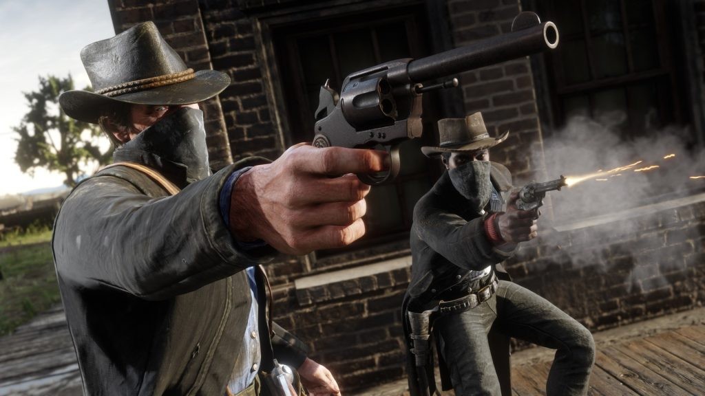 Red Dead Redemption 2 characters aiming and shooting guns.