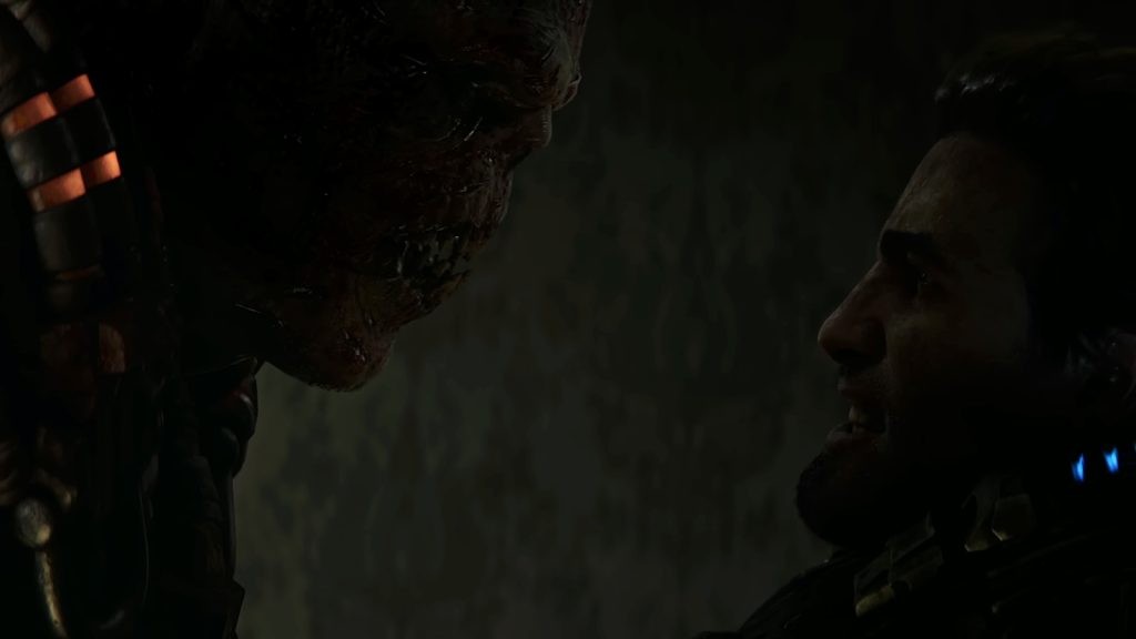 A screenshot from the Gears of War: E-Day announcement trailer featuring a hostile Locust and one of the two protagonists, Marcus Fenix, in the same frame.