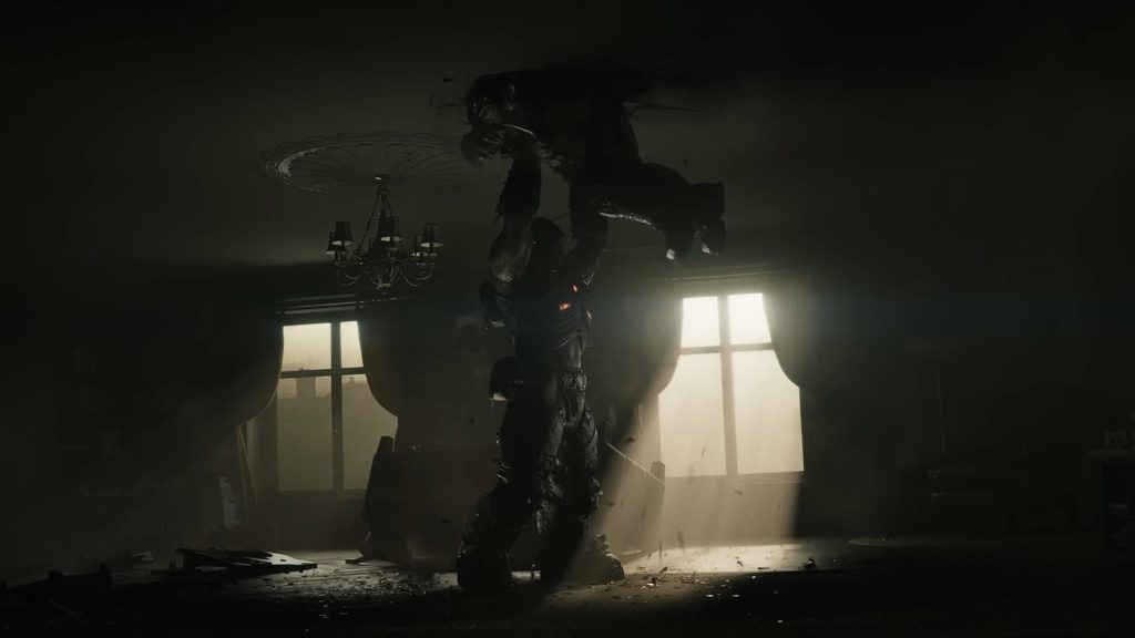 A screenshot from the Gears of War: E-Day announcement trailer featuring Marcus Fenix facing off a hostile Locust.