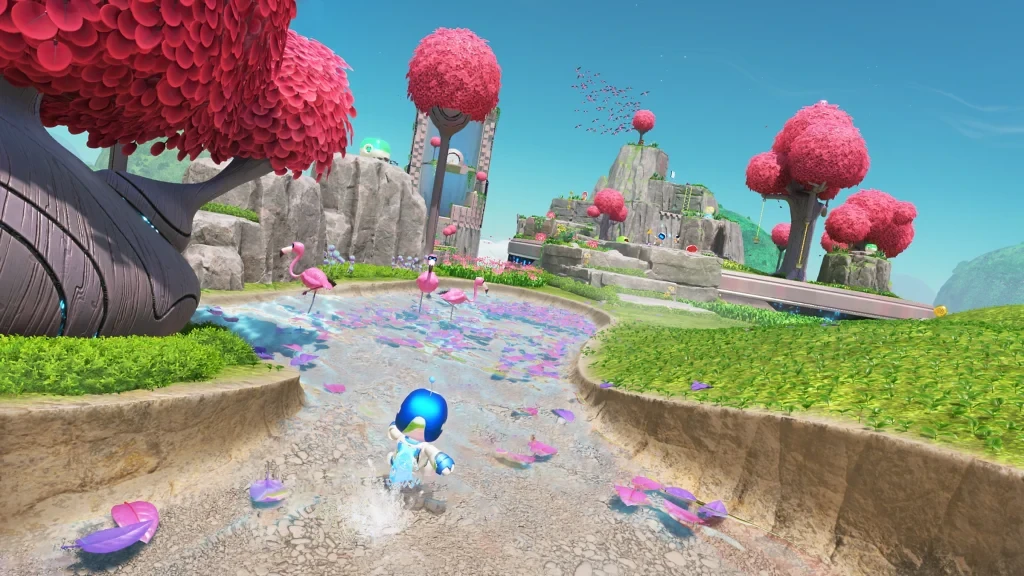 Astro Bot wandering through a pond.