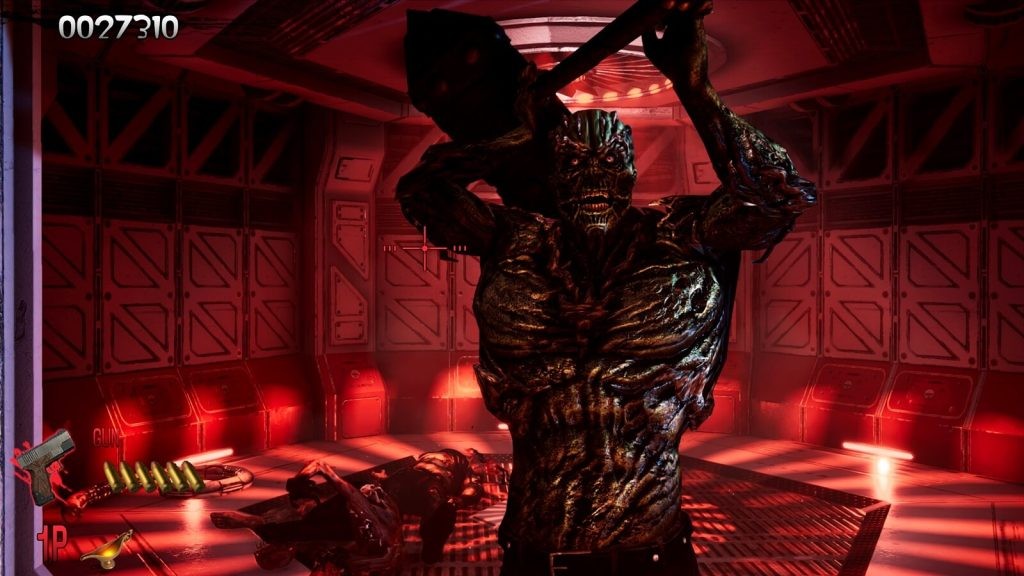 A screenshot from The House of the Dead: Remake featuring a super zombie charging at the player character with a two-handed weapon.