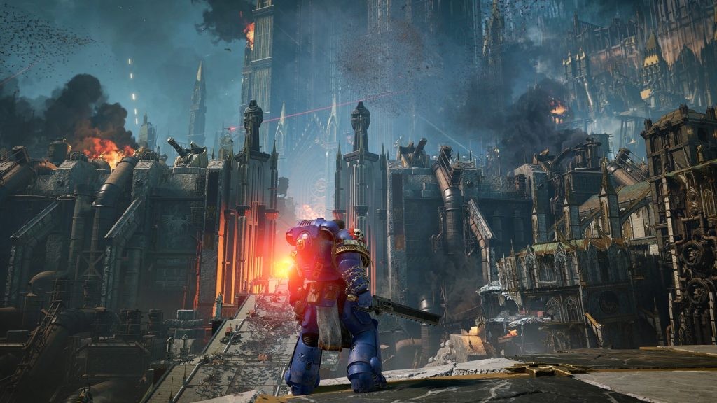Space Marine looking at a city of destruction.