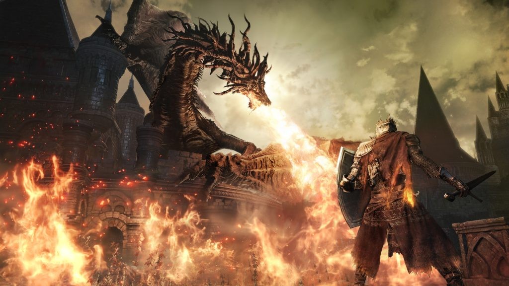 A Dark Souls 3 character facing an fire breathing dragon. 