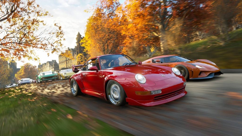 Forza Horizon 4 logo screen showing porcshe and other cars racing, xbox game pass 