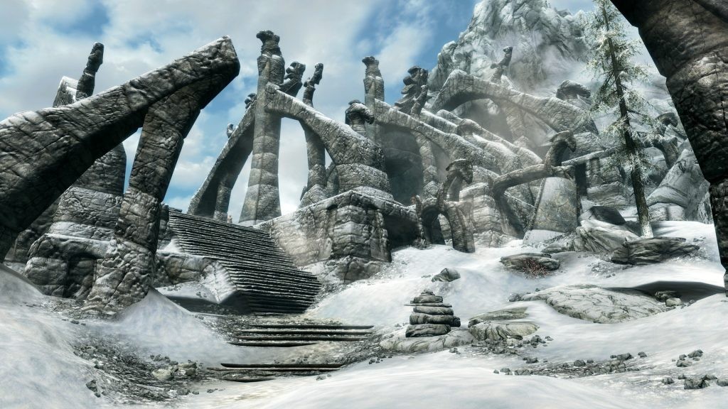 A screenshot of icy landscapes in Skyrim.