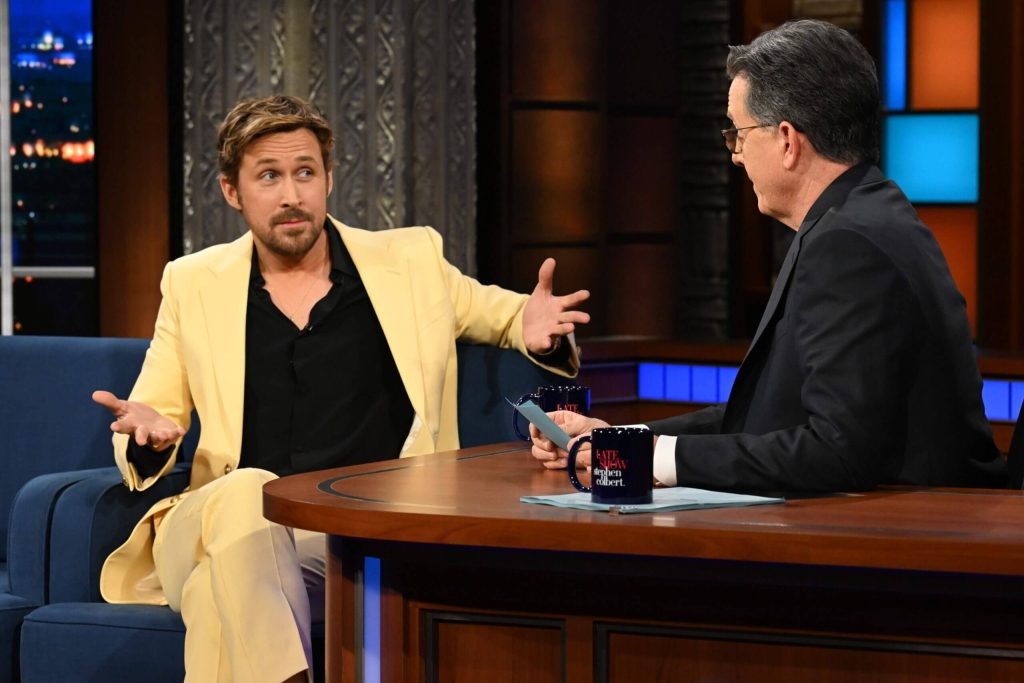 Gosling with Colbert on The Late Show. | Credit: The Late Show with Stephen Colbert.