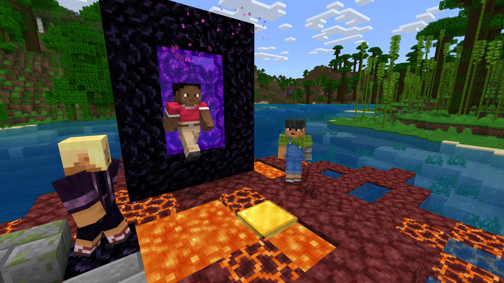 A still from Minecraft, featuring people stepping out from the Nether Portal.
