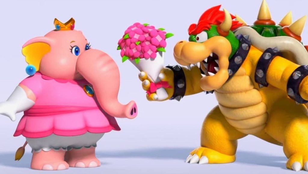 Nintendo's Bowser character with flowers in hand.