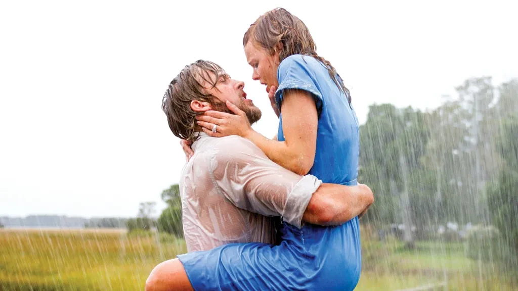 The famous kiss in the rain scene from The Notebook