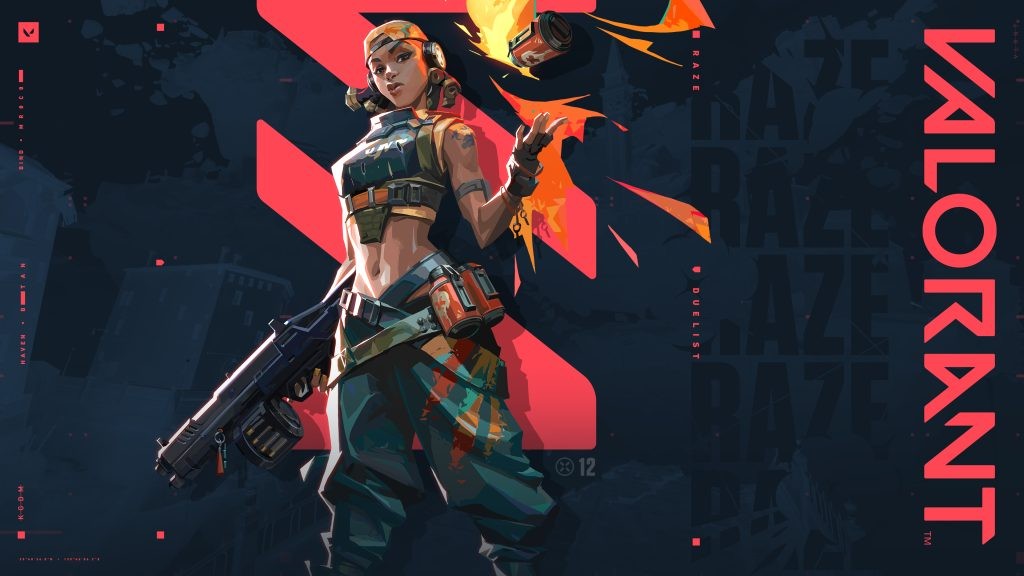 Raze with a shotgun and a grenade. Official artwork from Riot Games.