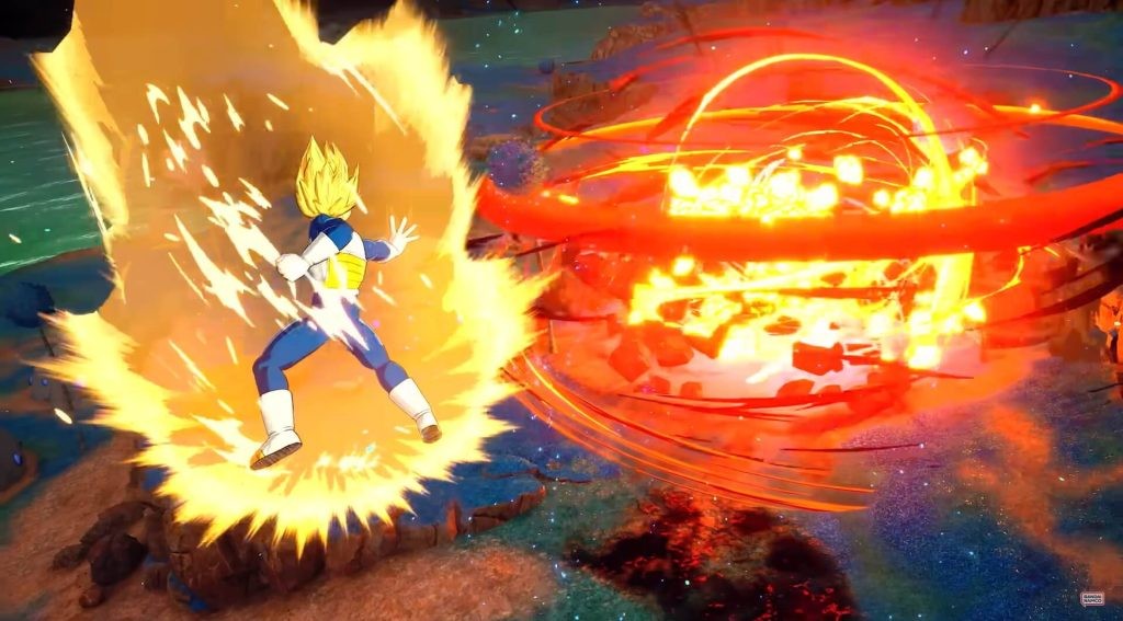 Vegeta using an energy attack against Goku in Dragon Ball: Sparking Zero.