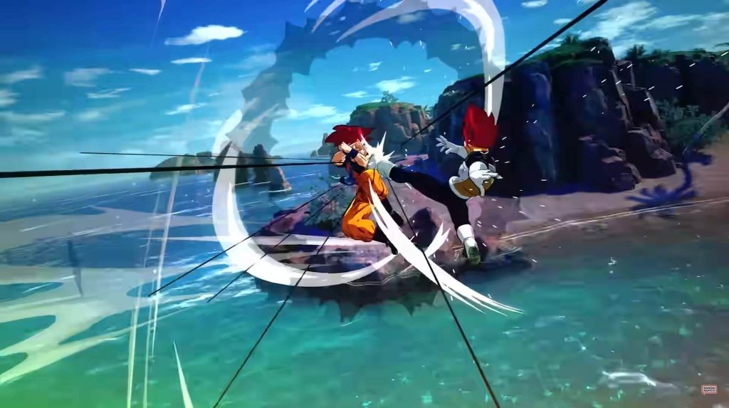 Goku and Vegeta fighting under Super Saiyan Gods above the sea.
