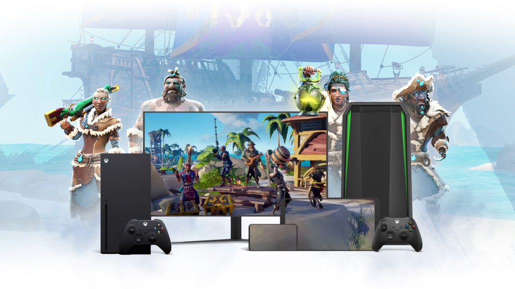 Sea of Thieves characters surround a TV with Sea of Thieves on it and multiple Xbox properties.