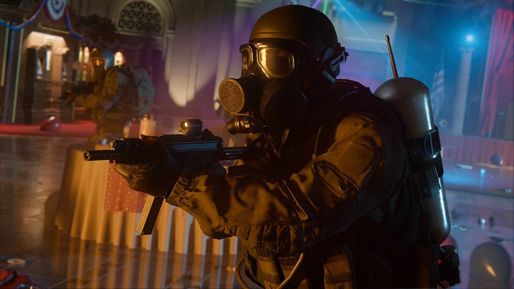A still from Call of Duty: Black Ops 6, featuring a soldier wearing a gas mask.