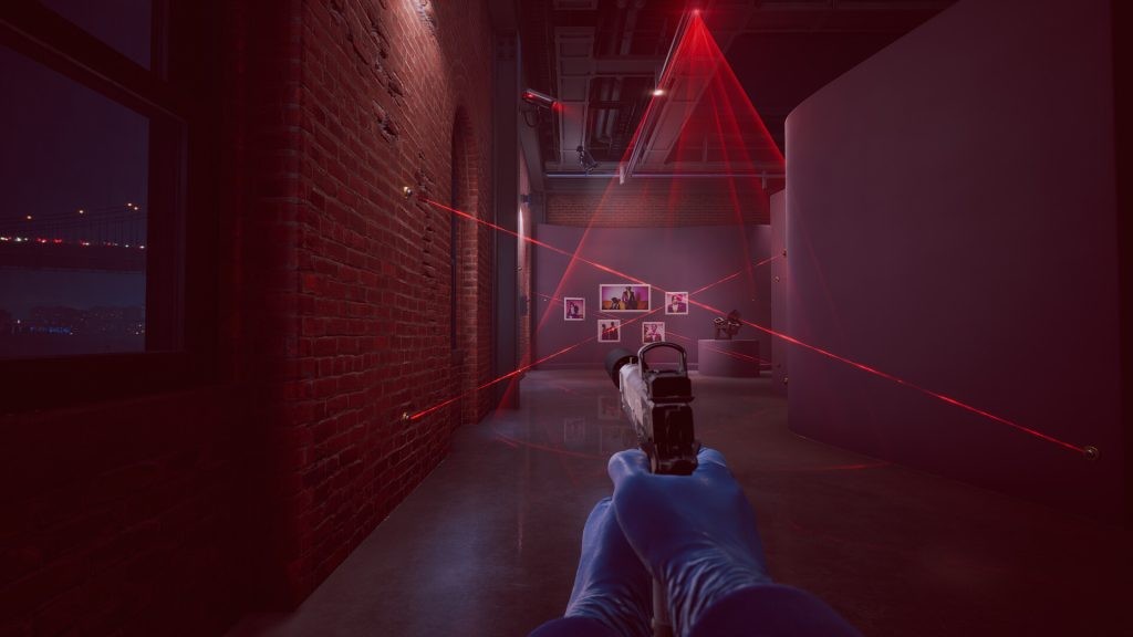 A still from Payday 3, showcasing a character traversing the laser grid.