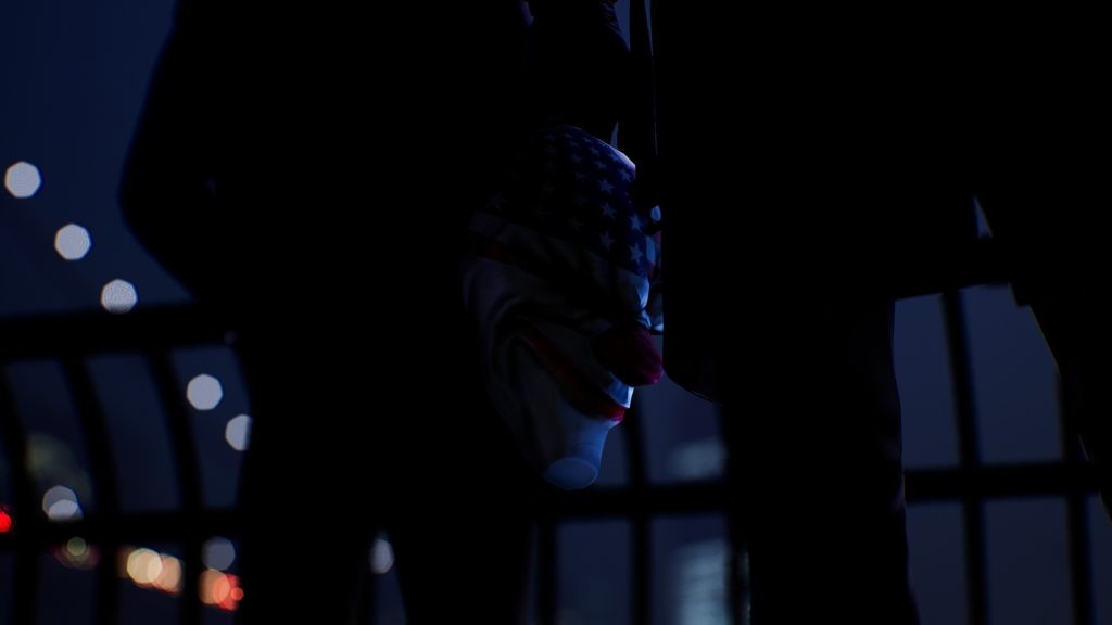 A still from Payday 3, featuring the iconic clown mask from the series.
