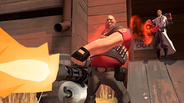The Engineer unloads a barrage of bullets from the gatling gun in Team Fortress 2.