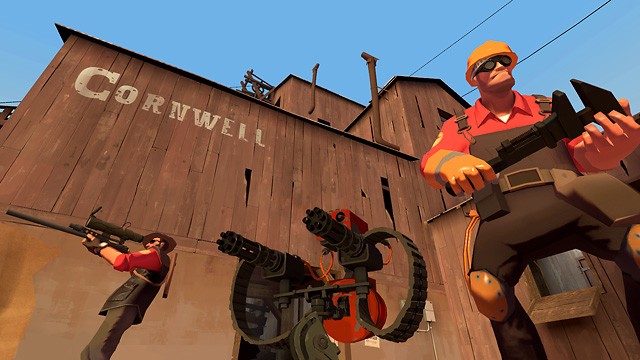 Demoman and Sniper look on in Team Fortress 2.