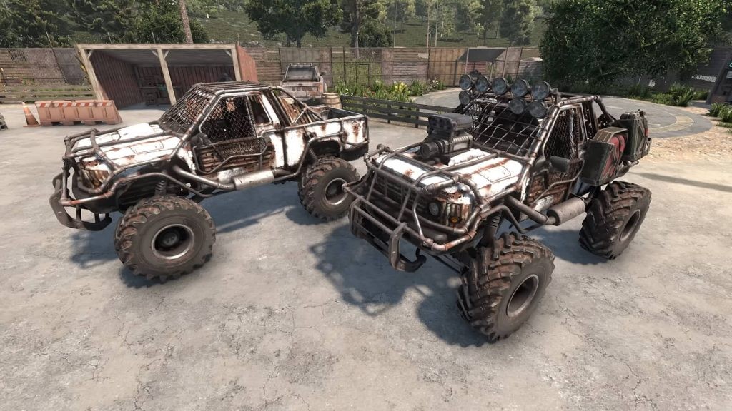 In-game comparison between an unmodded and modded 4x4 truck in 7 Days to Die.