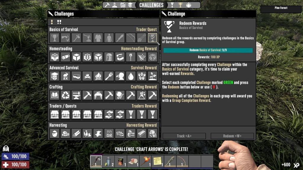 In-game screenshot of the new Challenges system in 7 Days to Die 1.0.