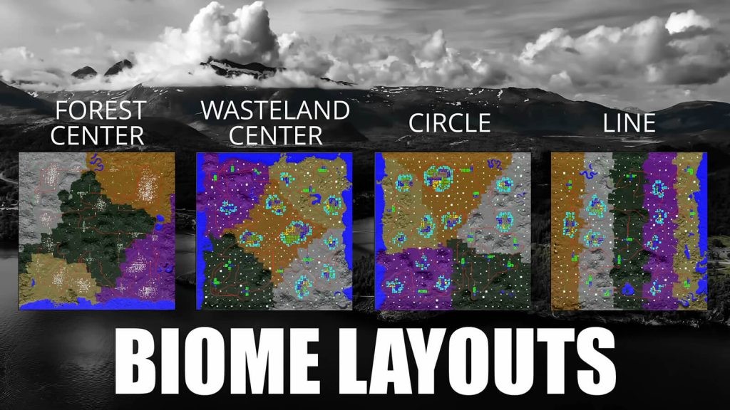 7 Days to Die infographic showcasing all the four biome layouts featured in the Random World Generation with the game's full release.