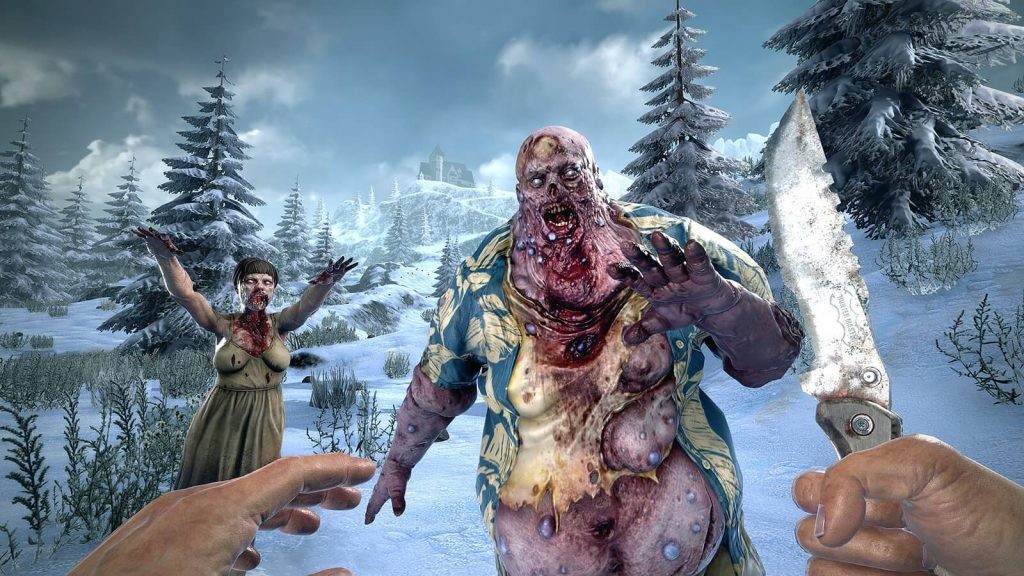 Promotional 7 Days to Die gameplay screenshot featuring two zombies charging at the player.  