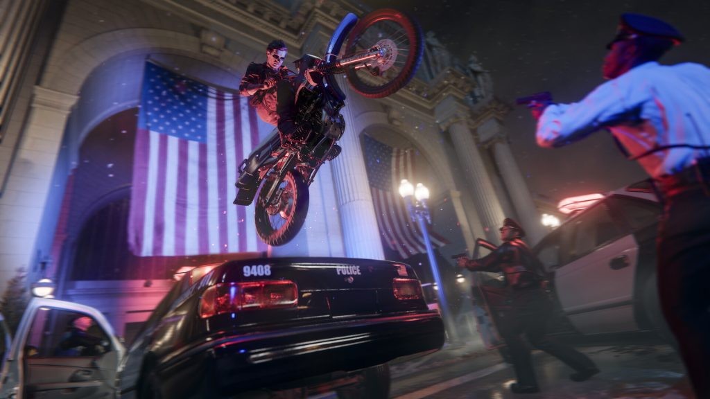 A still from Black Ops 6, showcasing Adler escaping the cops on a motorcycle.