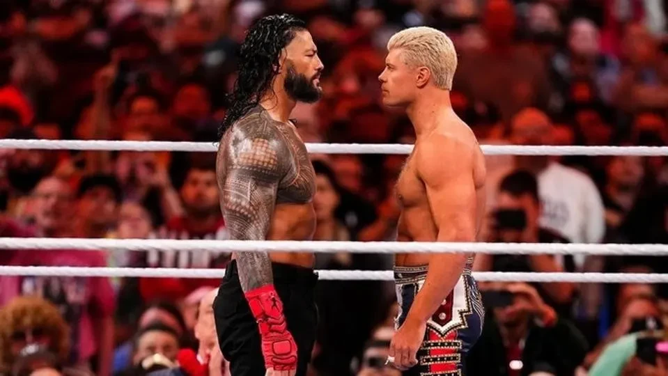 Roman Reigns and Cody Rhodes face off in WrestleMania XL