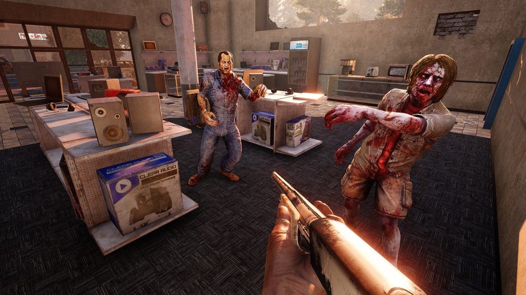 Zombies in a store attempt to move towards a player.